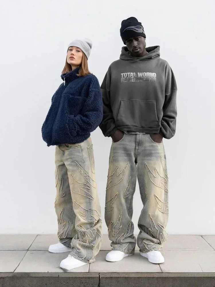 2024 American New Fashion Patch Pocket Casual Jeans for Men and Women Y2K High Street Harajuku High Waist Wide Leg Denim TrouserT250319