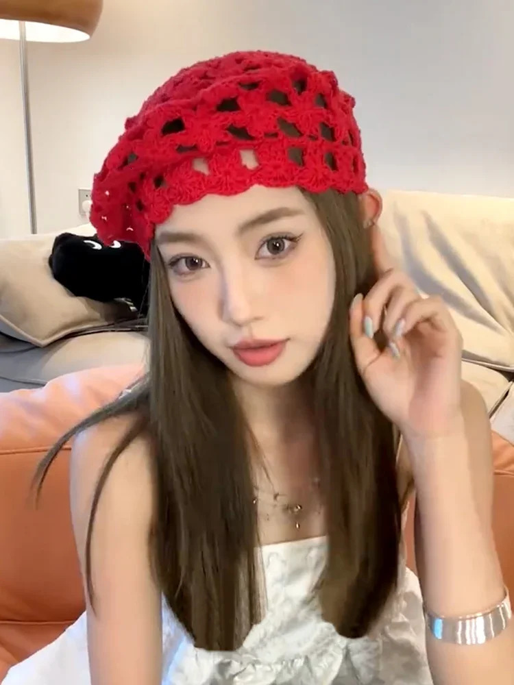 Red Knitted Hollow Handmade Crochet Beret Women Spring Autumn Thin Big Head Showing Face Small Versatile Painter Hat 250320
