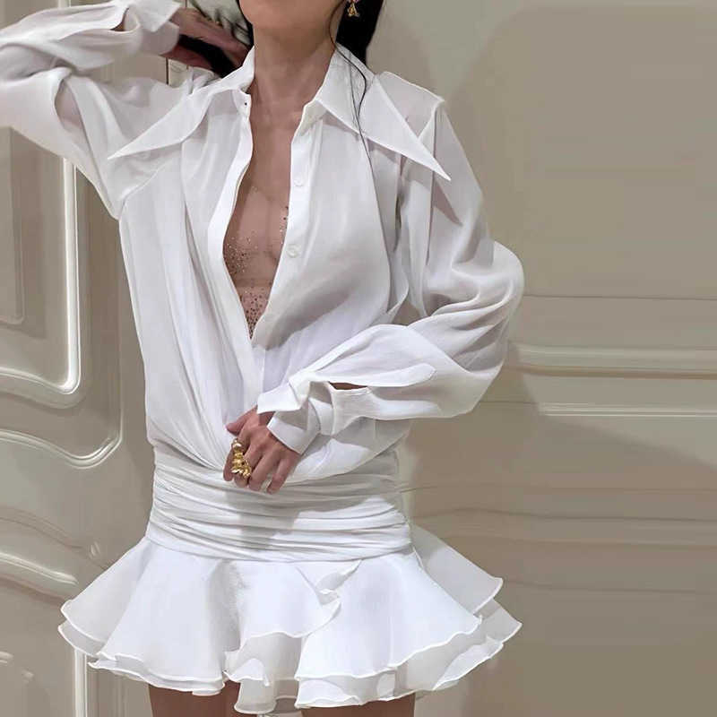 Spring Fashion Trendy Women's New Style Flip Collar V-neck Trumpet Sleeves Mesh Slimming Dress 250315