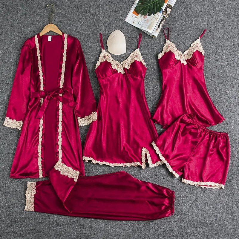 Sleepwear With Lace Women Pajamas Set Sexy 5 Pieces Dress Suit Kimono Gown Loungewear Vneck Bathrobe Lingerie Nightwear 250320