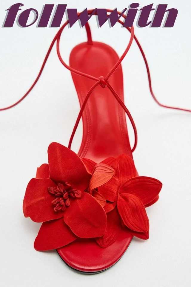 Ladies Solid Red Flowers Lace Up Sandals Unique Sexy Sandals Cross Tied Stiletto Heel Party 2025 New Arrival Summer Woman ShoesC250319