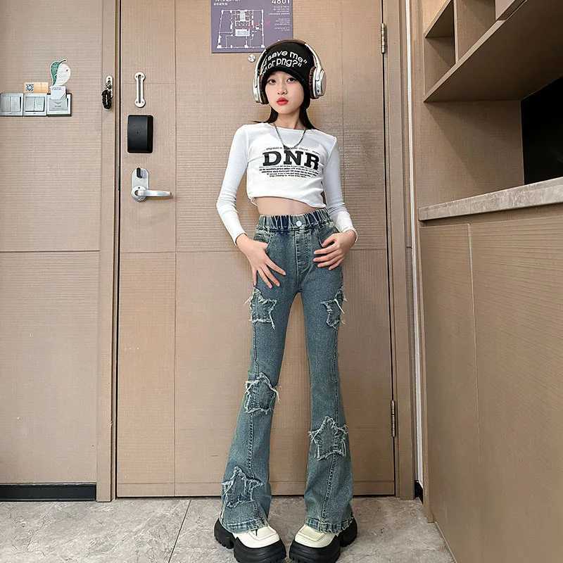Spring and Autumn Teen Girls Jeans Children 5-14Y Star Design Flash Pants Childrens Retro High Waist Splicing Horseshoe TrouserT250326