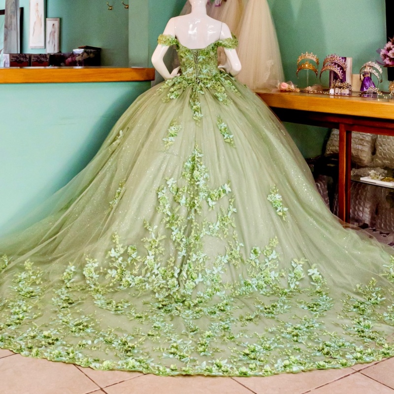 Sage Green Shiny Off Shoulder Quinceanera Dresses Applique Flower Beading Tull Party Birthday Sweet 16 Dress Vestidos 15 De Anos