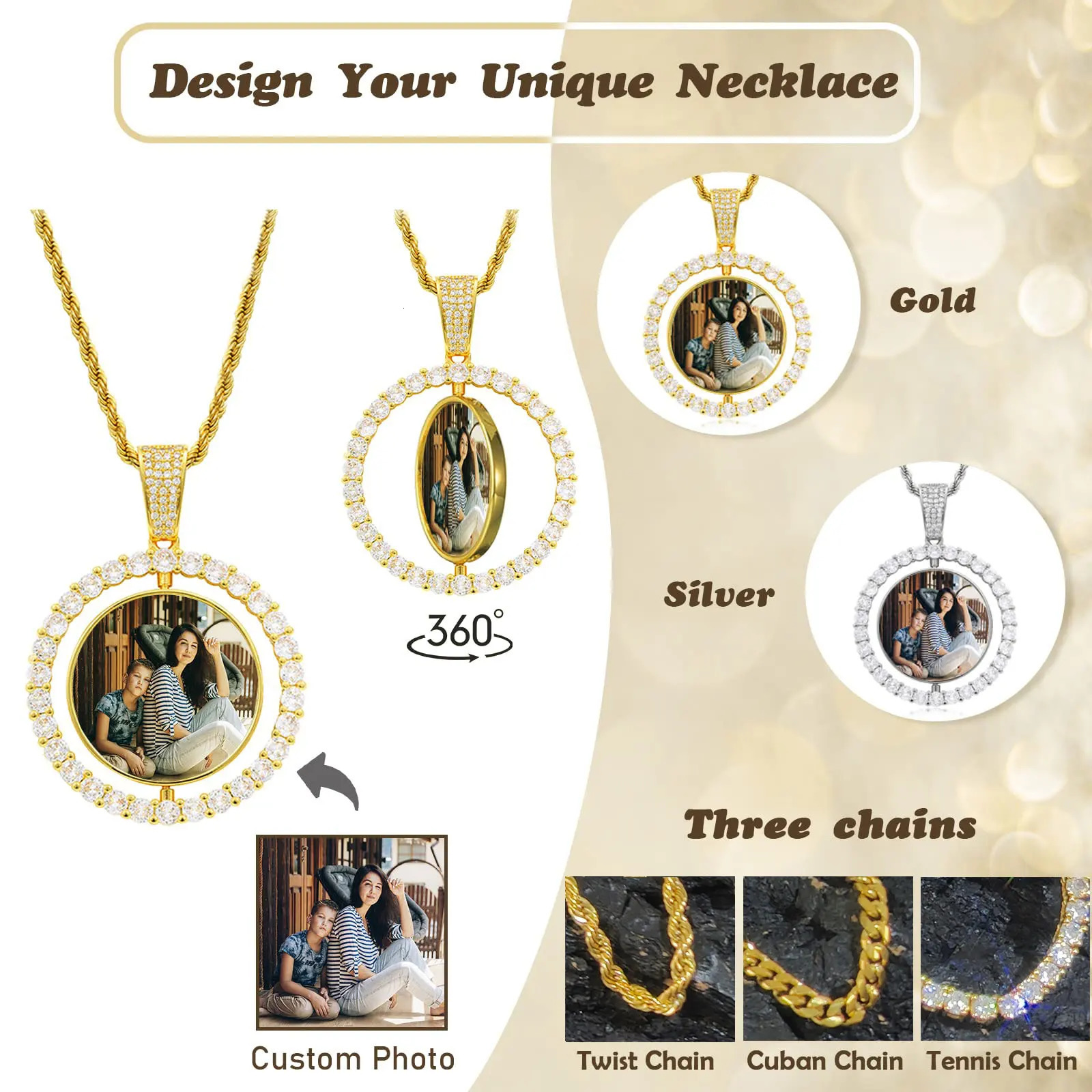 Customized Double-Side Po Necklace Picture Pendant Chain Personalized Cubic Zirconia Hip Hop Jewelry Gift for Men Women 250318