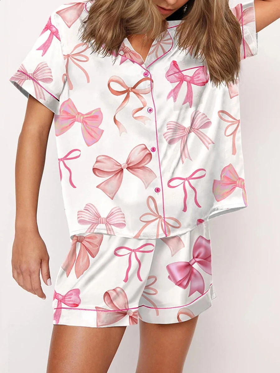 Y2k Pink Bow Silk Pajama Sets for Women 2 Piece Preppy Pjs Shorts Cute Short Sleeve Matching Pj Lounge Shirts Sets 250319