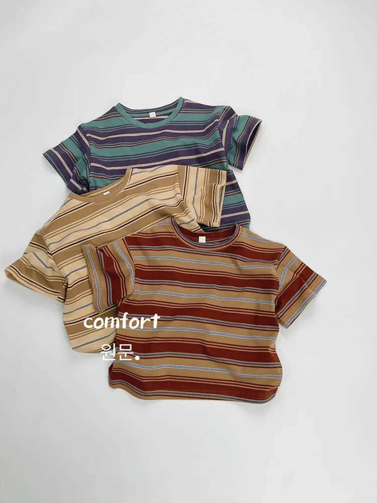 2025 Summer New Childrens Short sleeved T-shirt Cotton Boys Casual Striped T-shirt Versatile Tops Childrens ClothingT250320