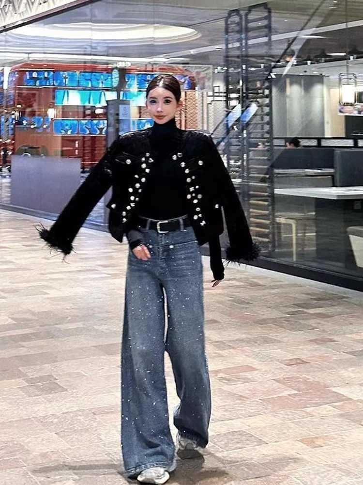 American retro hot diamond straight jeans womens spring high street design high waist loose thin wide leg pantsT250319