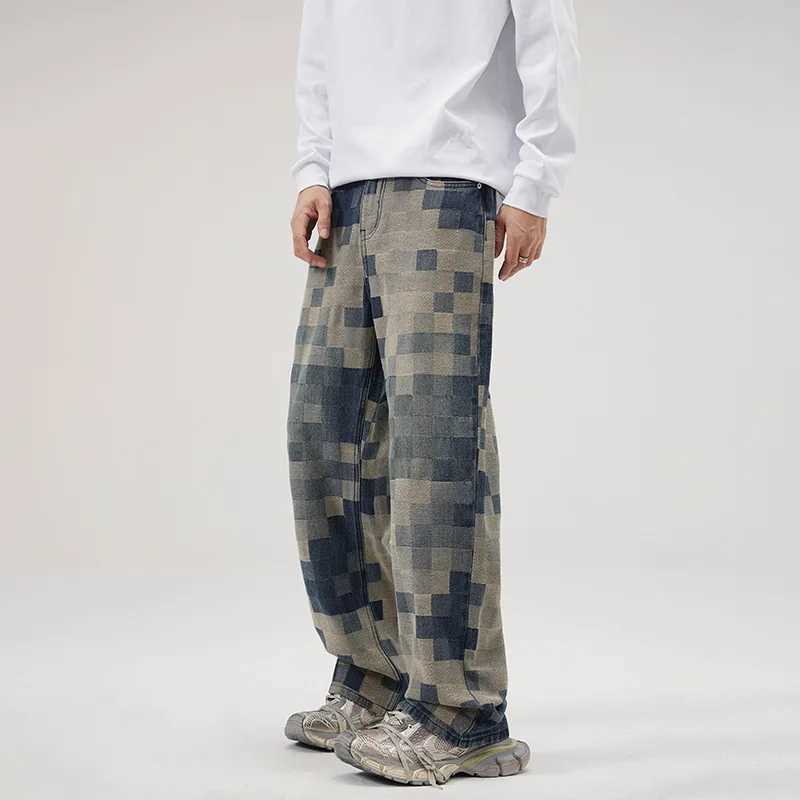 Mens jeans casual bag mosaic blue autumn and winter American style street fashion straight wide leg oversized TrouserT250319