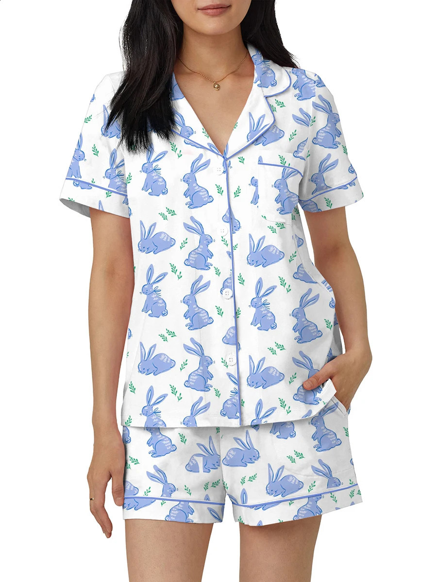 Women 2 Piece Y2k Rabbit Print Pajama Set Short Sleeve Lapel Collared Button Down Shirt Shorts Pjs Lounge Easter Day Sleepwear 250319