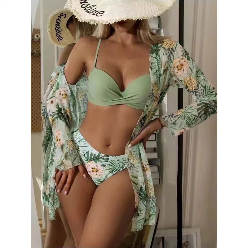 Flower low waist bikini set womens down swimsuit long sleeved three piece beach 250319