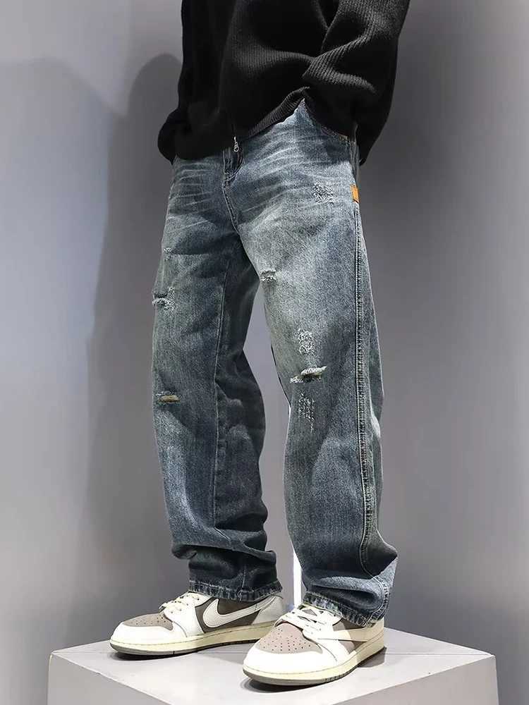 New mens open top jeans with pockets straight fashion retro blue denim pants personalized streetwear hip-hop high-quality mens trousersT250319
