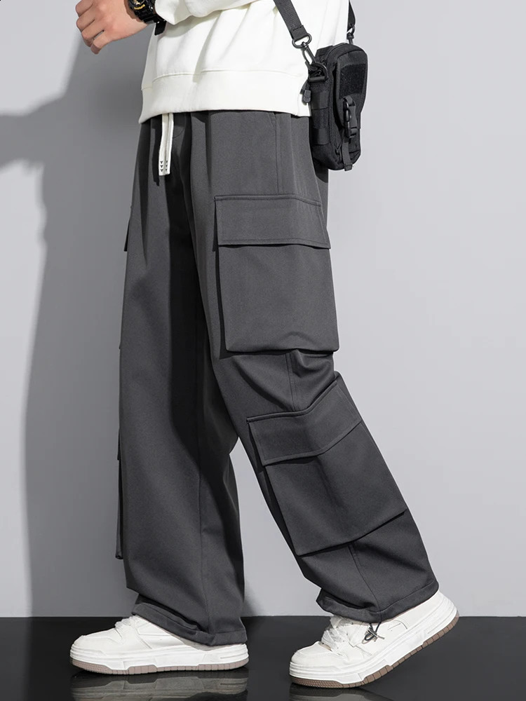 Mens Wide Leg Cargo Pants Spring Summer High Street Fashion MultiPocket Casual Big Size Loose Fit Straight Trousers 250317