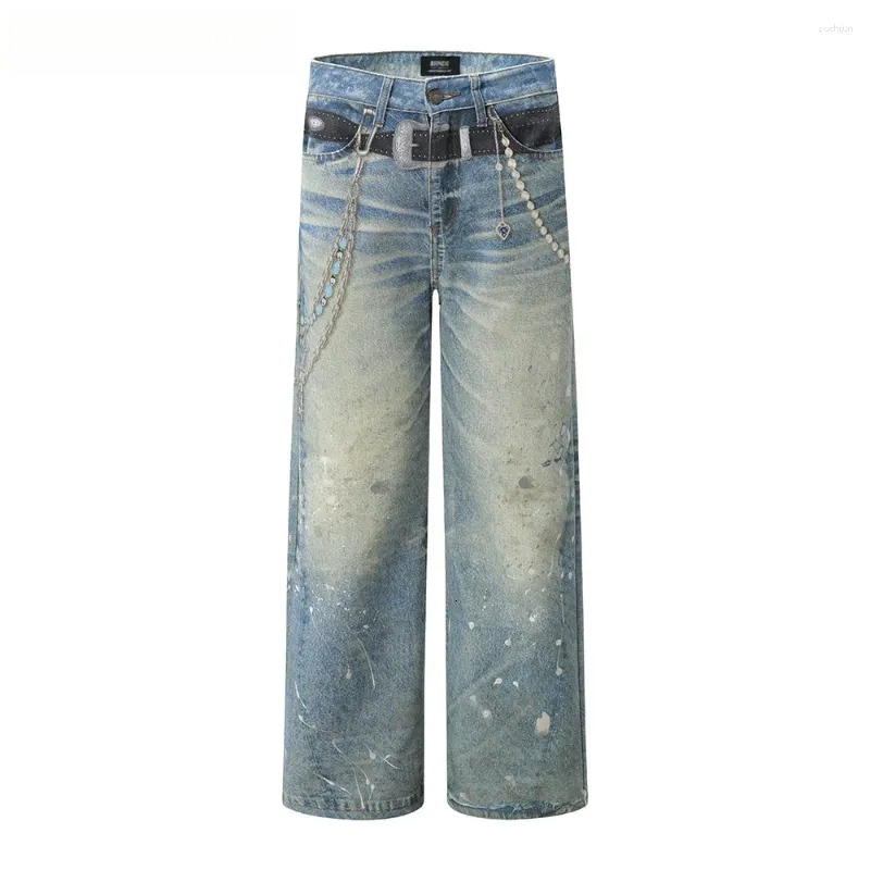2025 S Fashion Designer Men S Jeans Chain Print Mens Washed Distressed Hip Hop Streetwear Loose Straight Wide Leg Denim Pants Men