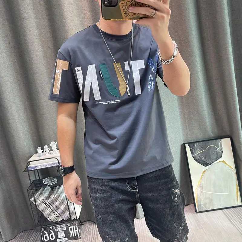 2023 Summer New Street Letter Printed T-shirt Mens Round Neck Short Sleeve Loose Casual Cotton ZipperT250319