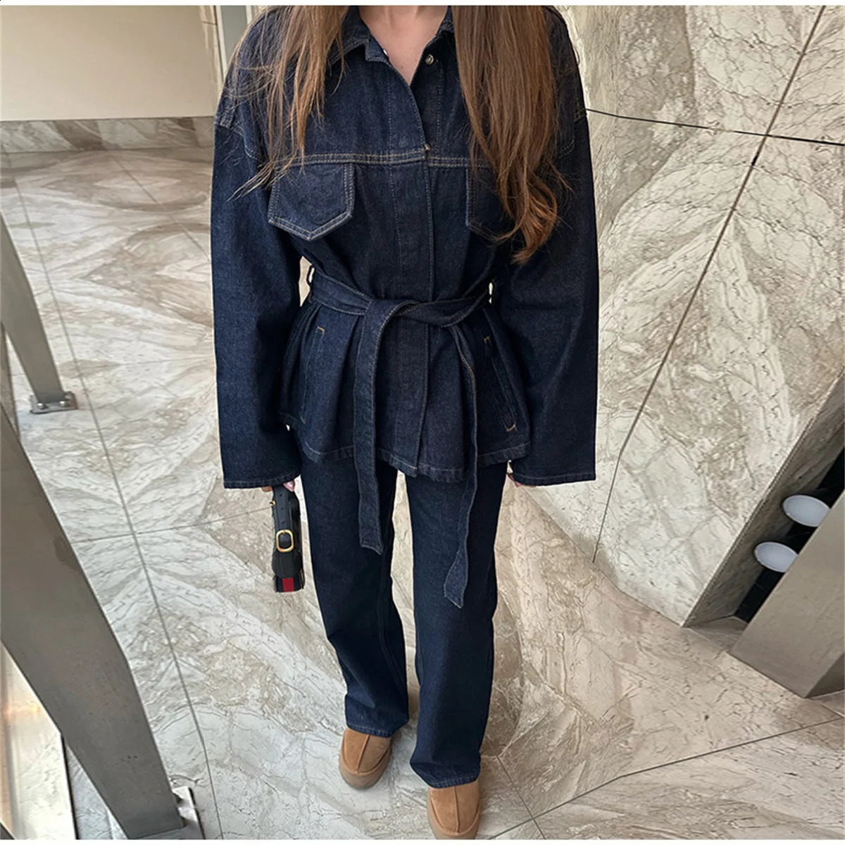 Retro belt denim jacket pants set womens lapel single chest pocket straight jeans 2025 spring streetwear 250319