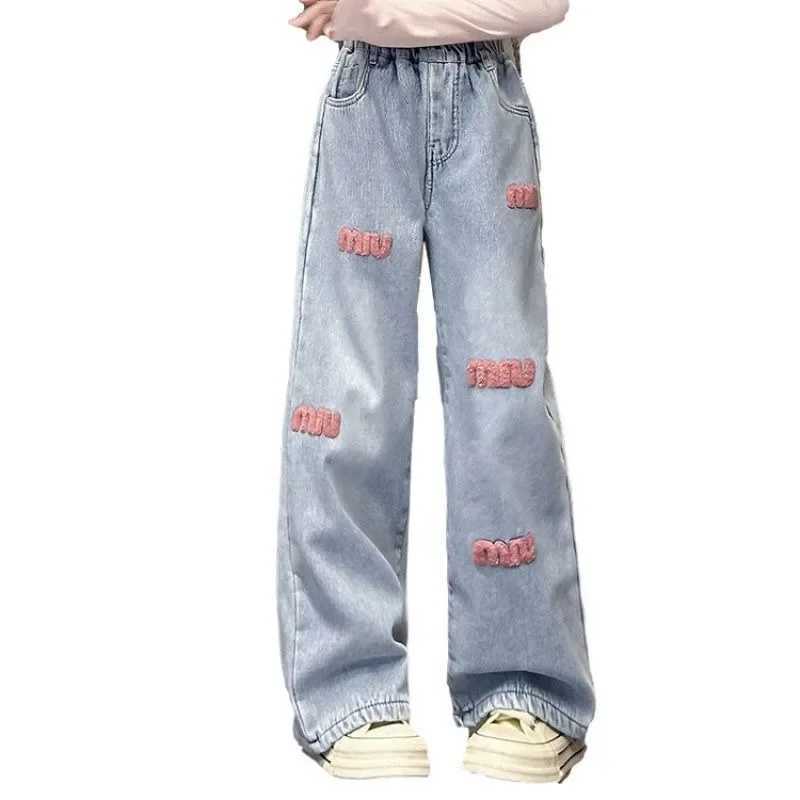Pink Towel Embroidered Jeans 2024 Summer Girls Casual Cute Fashion Embroidered Alphabet Wide Leg PantsT250326