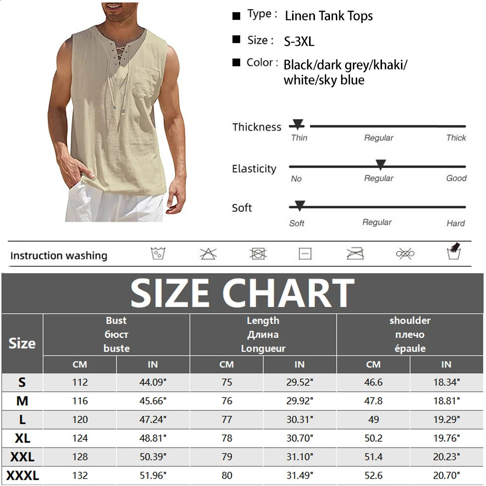 Mens linen vest summer sleeveless Tshirt solid color loose cotton shirt casual European size 250319