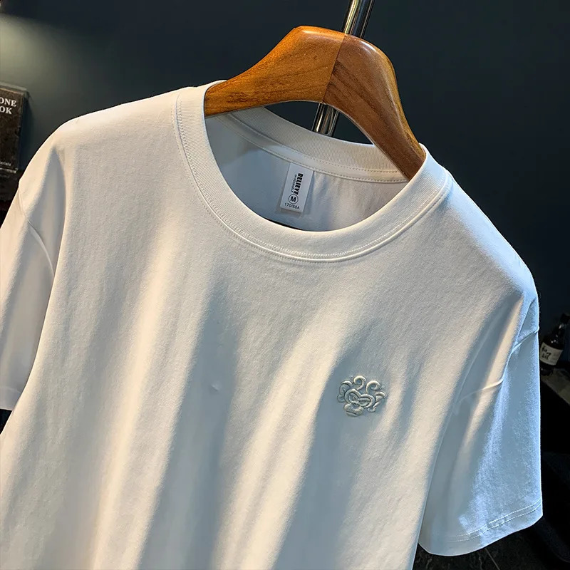 Elastic breathable short sleeved mens T-shirt summer trend loose round neck casual top 250317