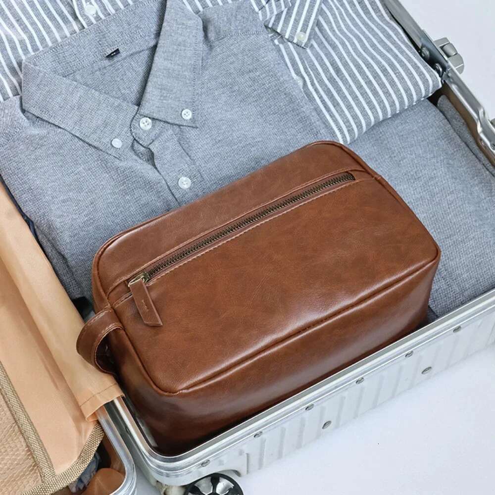 Men Business Travel Wash Toiletry Waterproof PU Leather Bathroom Shaving Tools Organizer Women Makeup Pouch Cosmetic Bag