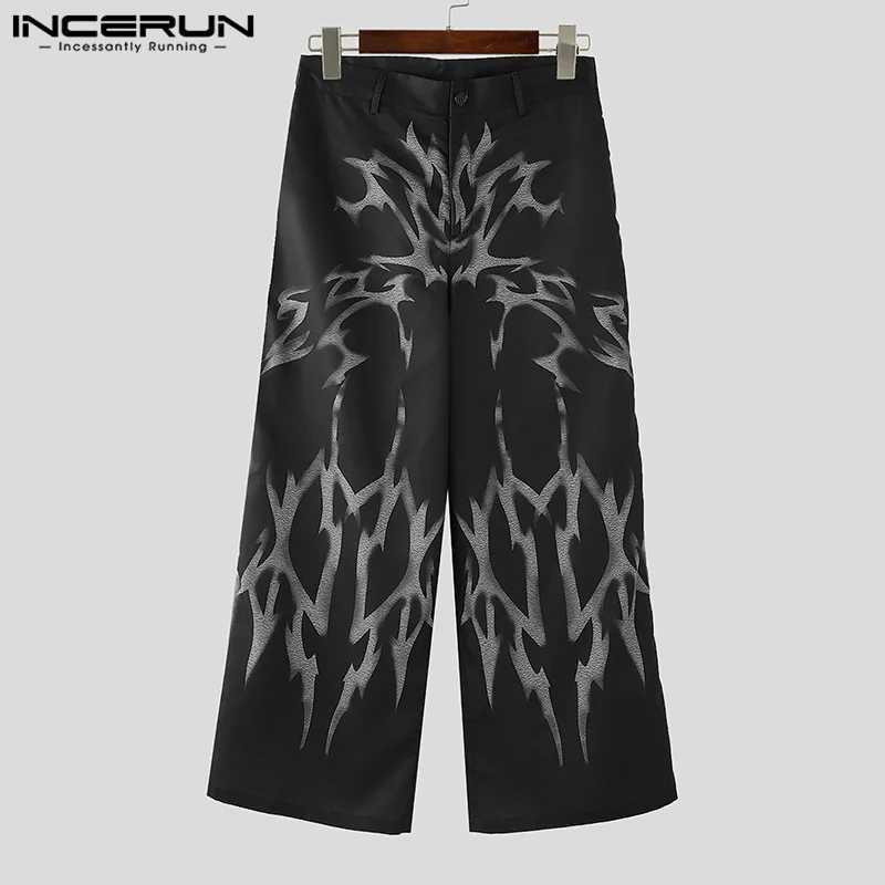 INCERUN Mens Street Loose Pants 2024 Casual Printed Wide Legs Trouser Gradient Pattern Mens Button BottomT250319