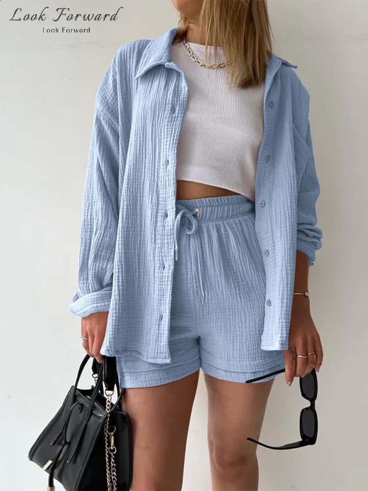 Casual Shirt Shorts Suit Women Spring Summer Buttons Blouses Lace up Above Knee Pants Set Lady Full Sleeve Sets Female Home Wear 250318