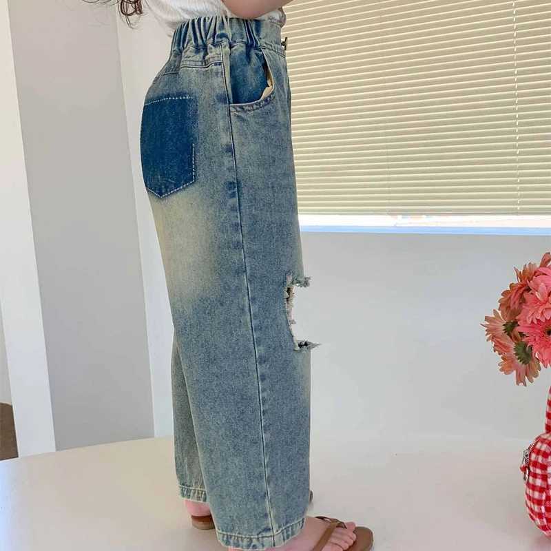 Autumn girls ripped jeans summer new styles childrens contrasting color pocket pants personalized retro wide leg pantsT2502320