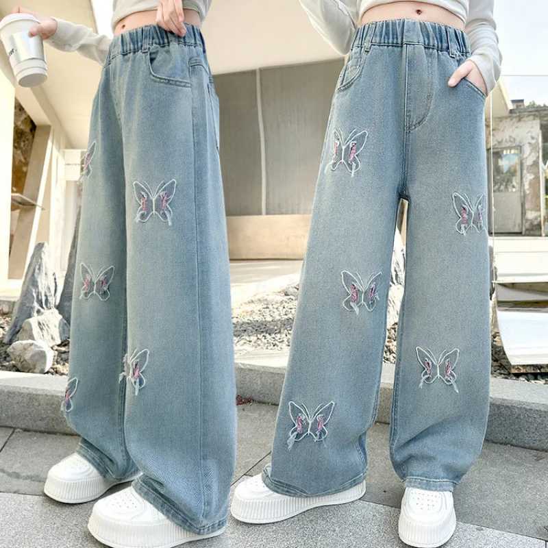 Korean girls wide leg jeans and beautiful butterfly childrens high waisted loose jeans teenagers casual jeans childrens trousersT2502320