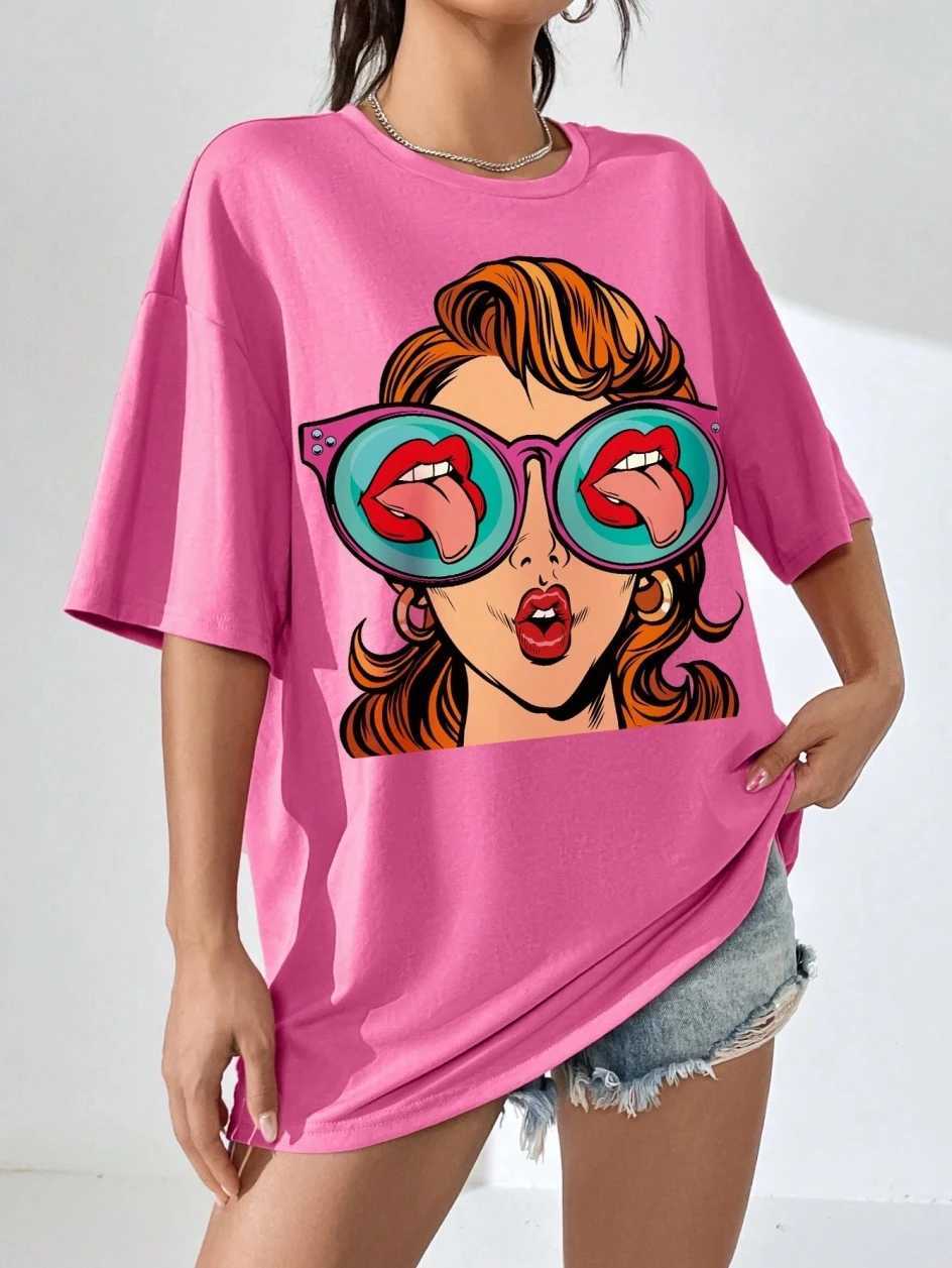 Cartoon pattern printed cotton womens T-shirt casual O-neck breathable soft short sleeved top loose and comfortable streetwearT250320