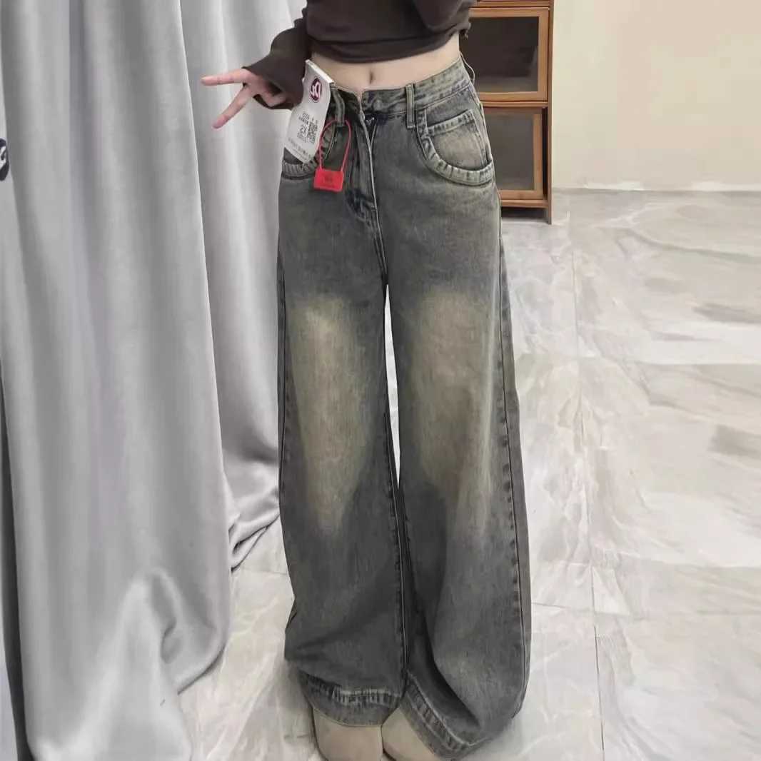 Vintage Distressed Wide-leg Jeans Womens Spring Summer New Loose-fit Slimming Draped Versatile Trailing Straight-leg TrousersT250319