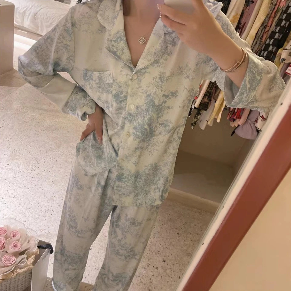 Spring Lapel Button Cardigan Lounge Sets Womens 2 Piece Ice Silk Pajamas for Women Fashion Printing Sleepwear for Wome 250320