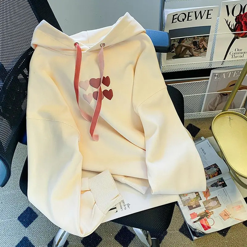 Autumn Winter Women Trendy Printed Fleece Hooded Sweatshirts Casual Streetwear Y2K Hoodies Sweet Long Sleeve Loose Pullover Tops 250317