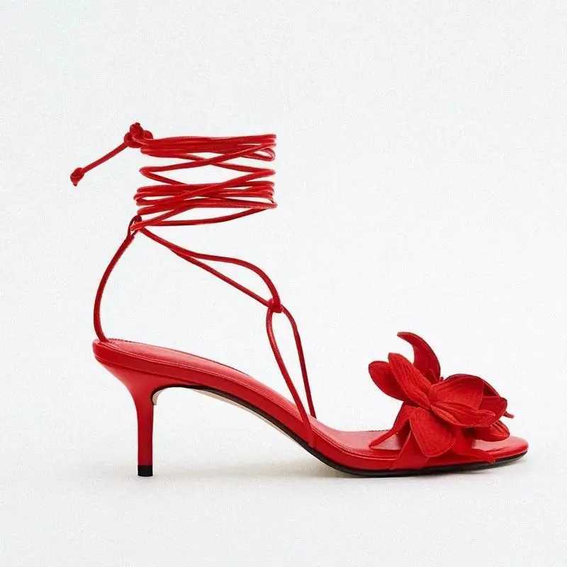Ladies Solid Red Flowers Lace Up Sandals Unique Sexy Sandals Cross Tied Stiletto Heel Party 2025 New Arrival Summer Woman ShoesC250319