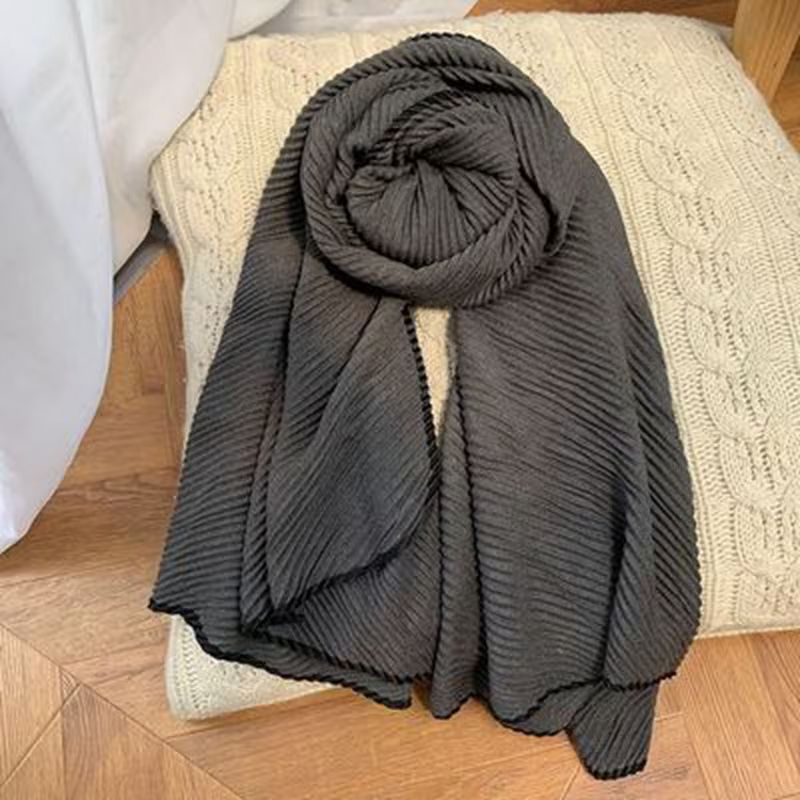 T749 autumn and winter cotton and linen pleated scarf for women solid color sunscreen multi-purpose fashion neckband versatile water ripple warm thin