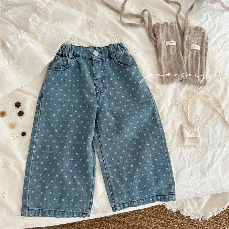 4123 Girls Denim Pants Jeans Pants Dotted Loose Style 2024 Autumn New Style JeansT250326