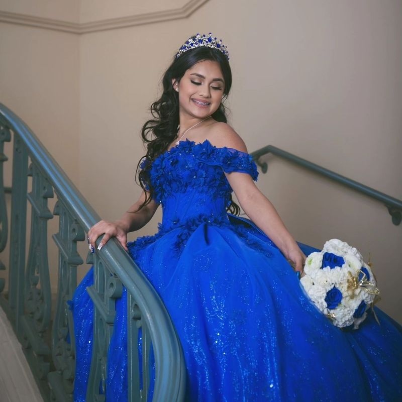 Royal Blue Shiny Quinceanera Dresses Off The Shoulder Princess Applique Beads Crystal Tull Sweet 16 Birthday Party Gown Vestido De 15 Anos