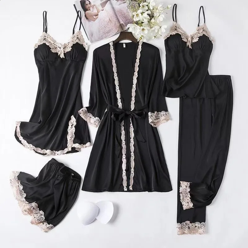 5pcs sleepwear and bathrobe set silk sexy fashionable lace gold flower thin spring and summer casual home wear 250319