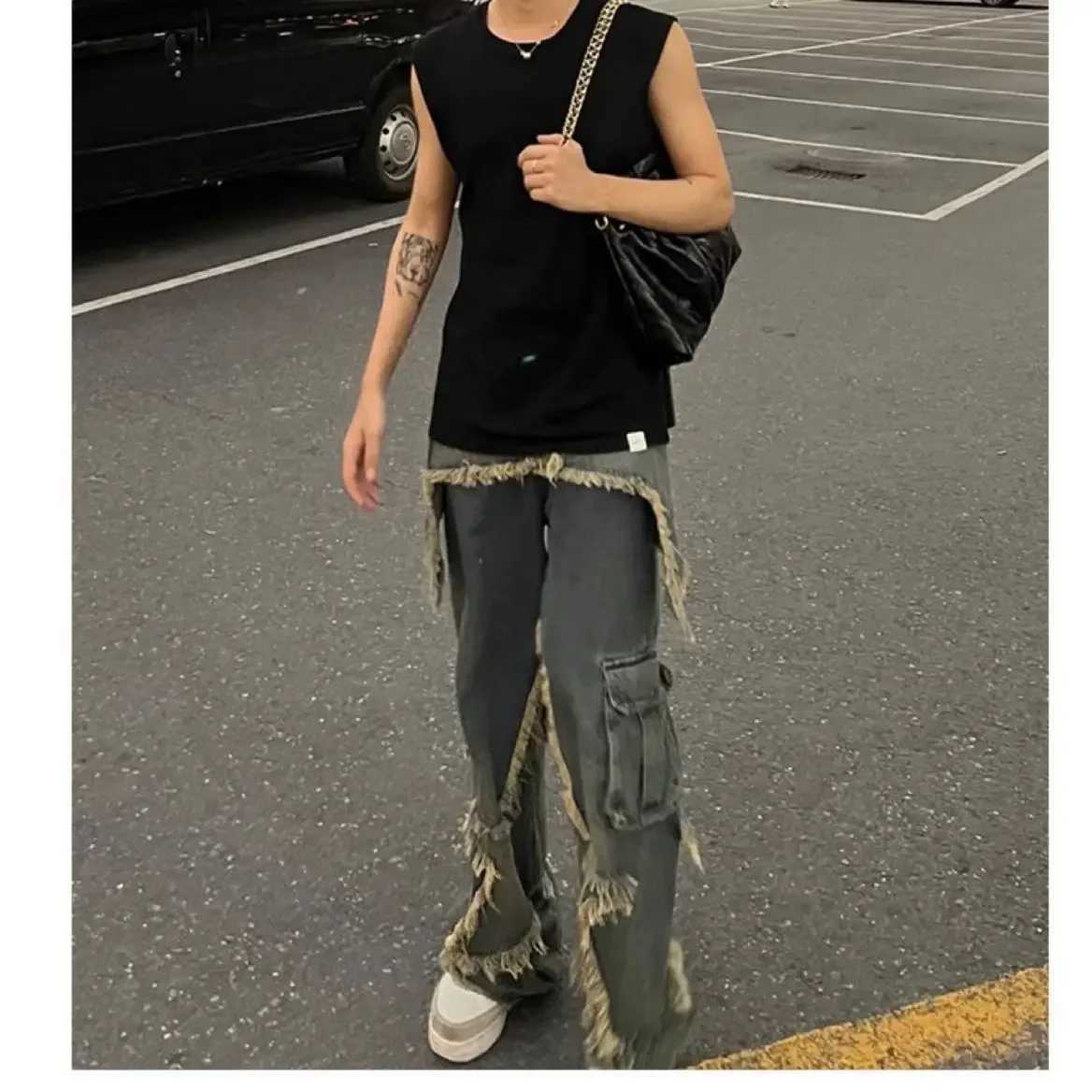 Starry Fringewashing Jeans Loose-Fit Straight-Leg Pants Hip Hop Style For Dancing Men And Women Couple Long Pants American StyleT250319