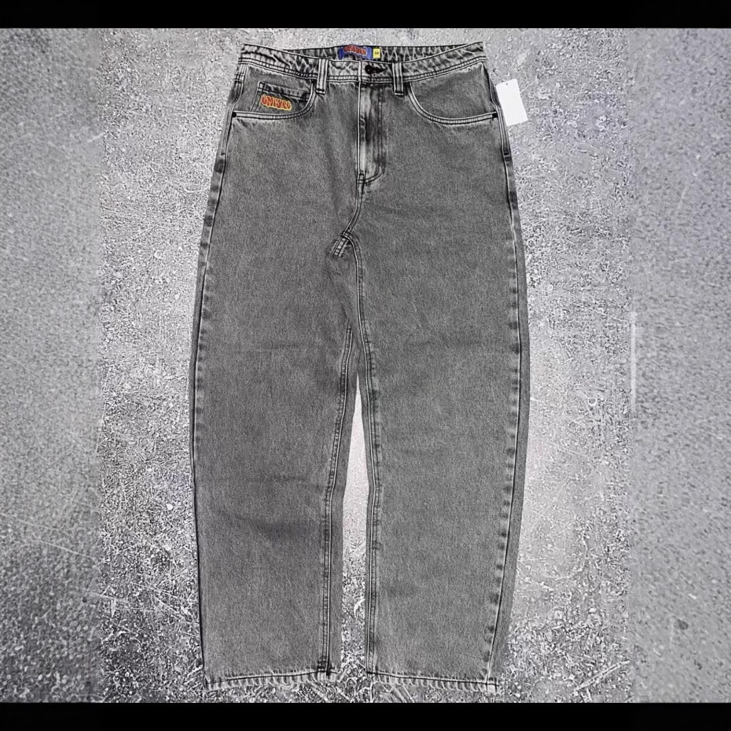 Men's Empire Cowboy Skateboard Solid Black Big Boy Jeans Embroidered Durable Straight Loose Pants