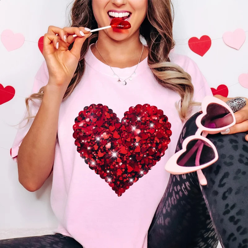 Y2k Graphic Tee Clothes Glitter Red Heart n Tshirts for Women Fashion Womens Valentines Shirts Summer Casual Pink Top 250311