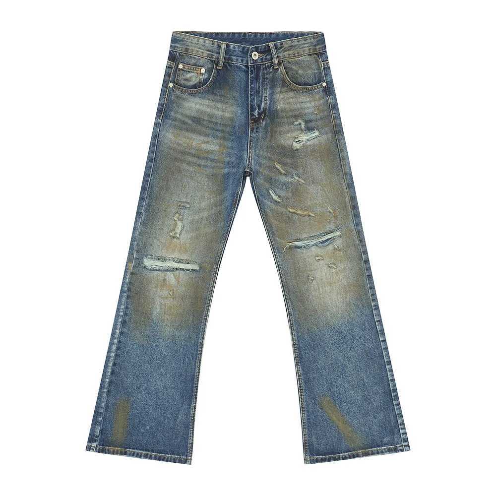 Retro Broken Harsh Wide Leg Denim Jeans Wear Hip Hop Spray Paint Printed Burst Jeans Mens Slim Trend 2025T250319