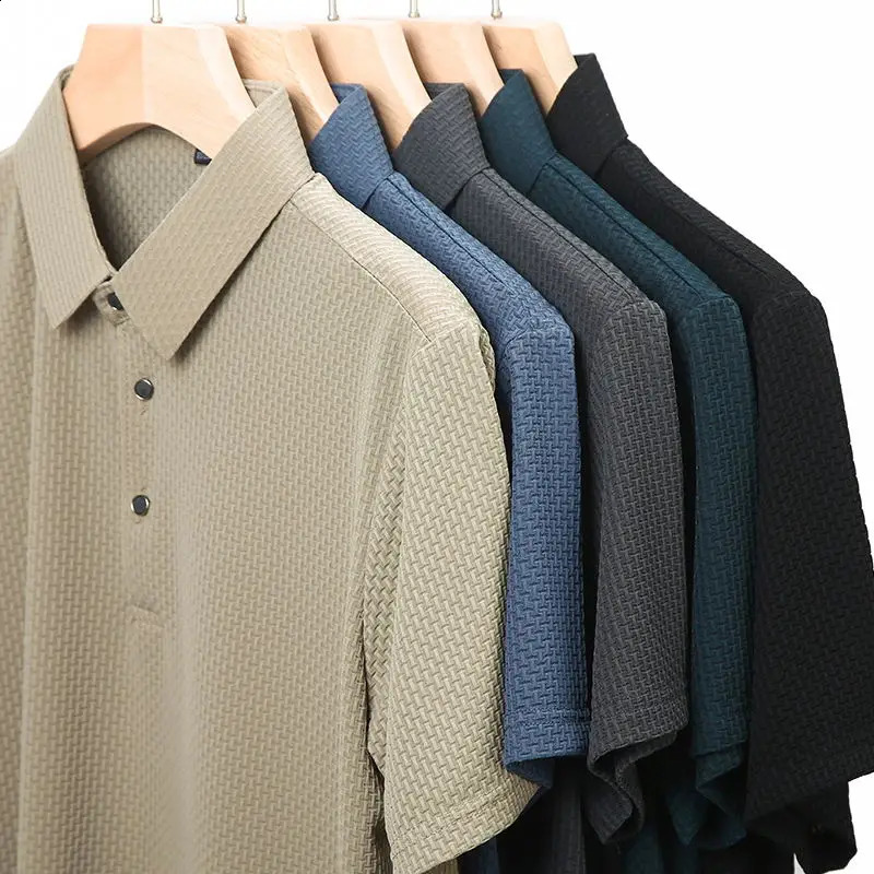 High end Ice Silk Elastic Polo Shirt Summer Polo Neck T-shirt Business Fashion Mens Short Sleeve CasualStyle 250319