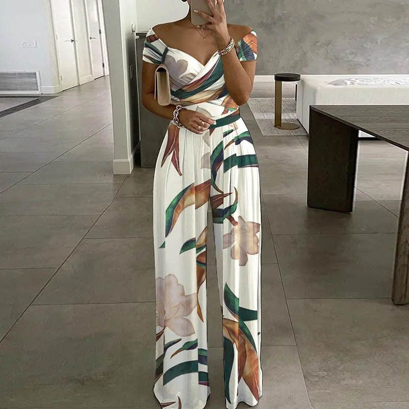Womens Clothing Fashion Temperament Elegant Commuting Printed Wide Leg Jumpsuit