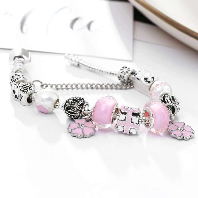 Silver Plated Snake Chain Charm Bracelets With Pink Flower Murano Glass Beads DIY Brand Bracelets for Women Jewelry Gift