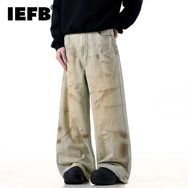 IEFB American Mens Jeans Splotch Wear Wash Contrast Loose Straight Wide Leg Retro Mens Jeans 9W398T250319