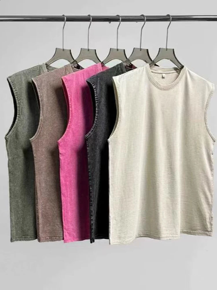 Summer Mens Washed Cotton Tank Tops Muscle Gym Sleeveless Workout T Shirts Running Beach Loose Cutoff Tees 250319