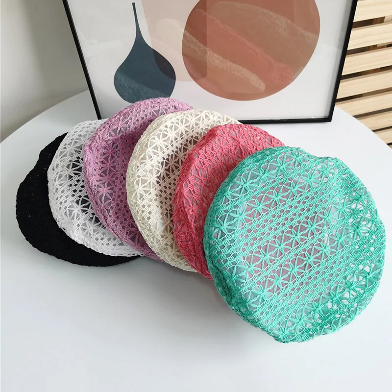 Multi Colored Summer Crochet Beret for Women Slouchy Breathable Lace Beret Hat Cutout Floral Beanie Cap Head Covering Cotton Hat 250320