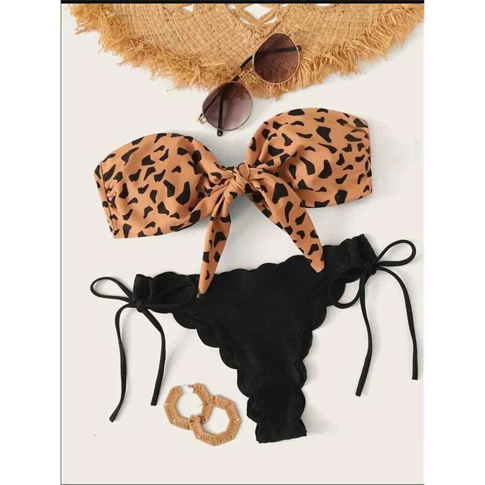 Beach Bikini 2024 Sexy Women's Front Line Leading with Leopard Pattern Swimsuit Women's Push Up Ruffle Bow Swimsuit thong Swimsuit