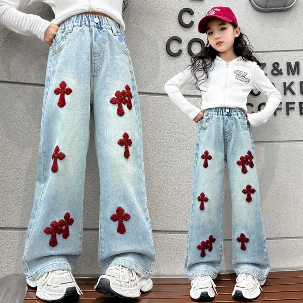 Spring Autumn Teenage Girls Jeans Child Towel Embroidered Wide Leg Long Pants Baggy Denim Trousers for Kids 6 8 10 12 14YrsT250326