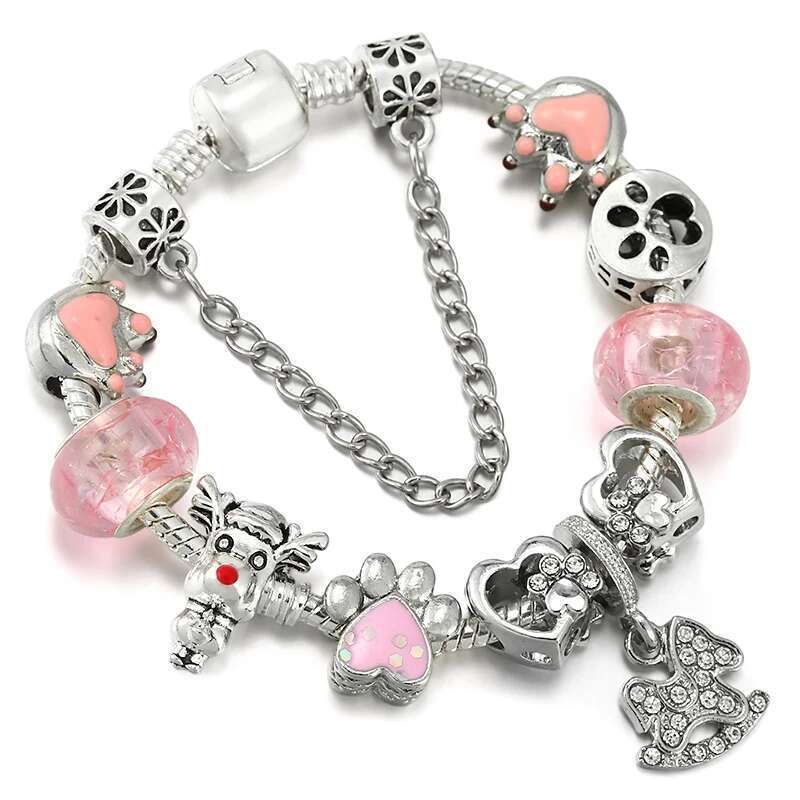 30 Styles Pink Heart Chain Charm Bracelets With Dog Paw Beads Bracelet Bangles For Women Men Bijoux Pulseras Jewelry Gift
