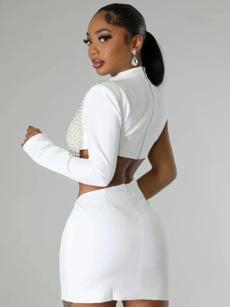 Laxsesu Women Full Sleeve Elegant O-neck Mini Dress Summer Pearl String Sexy Street Night Club Party Vestidos Dresses 250319